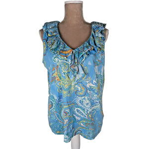 Lauren Ralph Lauren Blue Ruffled Tank Top XL Paisley Tropical Vacation Resort